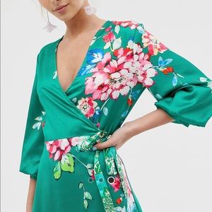 Liquorish wrap front midi tea dress in green floral print